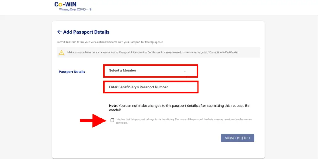 cowin portal passpoert details