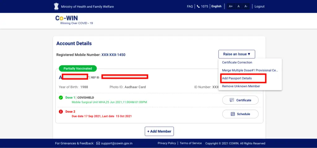 cowin portal passport details